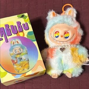 Pastel Rainbow Plush Keychain Doll with Pearl Necklace